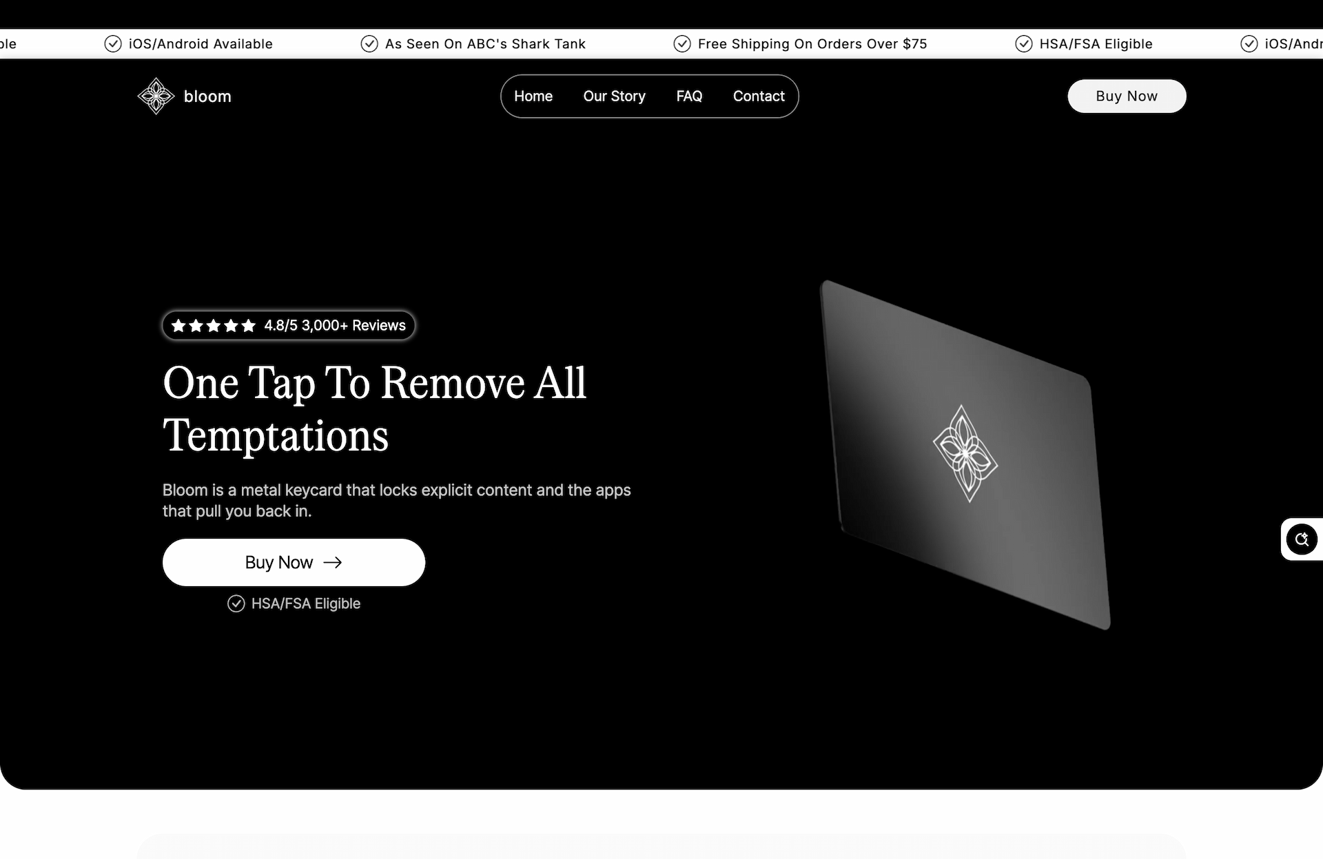 Bloom's generic homepage, One Tap To Remove All Temptations